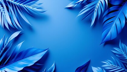 Obraz premium Blue tropical leaves framing the edges on a plain blue background, minimalist design with soft shadows and details.