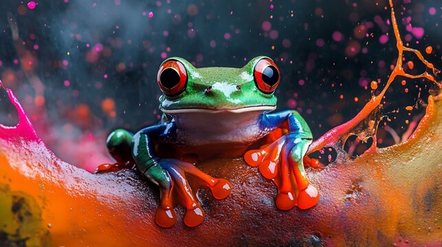 A vibrant green frog with red eyes sits amidst colorful paint splashes, a whimsical nature portrayal