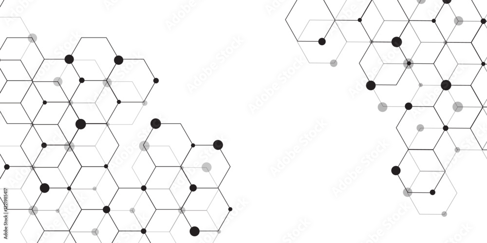Poster Molecular structure abstract tech background. Geometric white background. Vector banner design with hexagons. Science network pattern, connecting lines and dots Medical background, Vector illustration