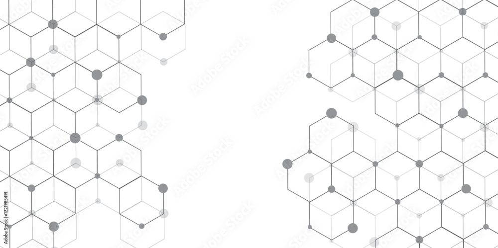 Poster Molecular structure abstract tech background. Geometric white background. Vector banner design with hexagons. Science network pattern, connecting lines and dots Medical background, Vector illustration