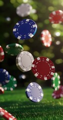 flying casino poker chips, on a grass background, generative ai