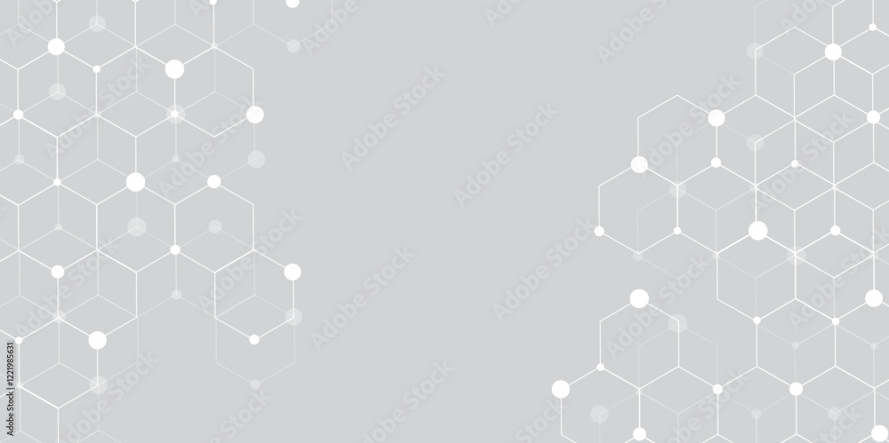 Poster Molecular structure abstract tech background. Geometric grey background. Vector banner design with hexagons. Science network pattern, connecting lines and dots Medical background, Vector illustration	