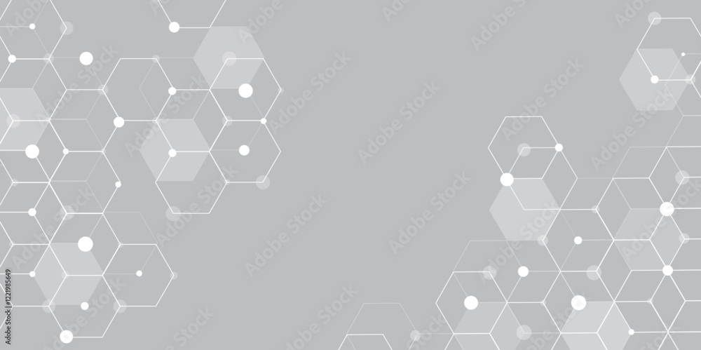 Poster Molecular structure abstract tech background. Geometric grey background. Vector banner design with hexagons. Science network pattern, connecting lines and dots Medical background, Vector illustration	