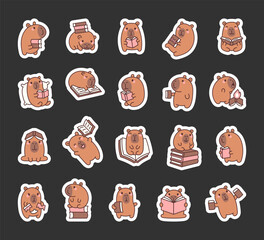 Capybara characters set with books, reading and learning in cute kawaii cartoon style for fun and relaxing activities with emotional and charming poses for yours design projects