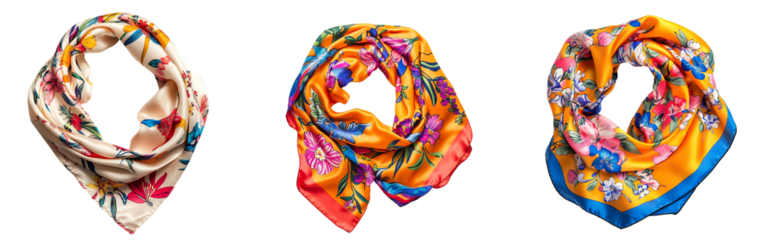 Collection of  silk scarf with a vibrant floral pattern, laid out flat on a white or transparent background.
