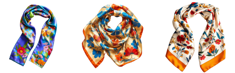 Collection of  silk scarf with a vibrant floral pattern, laid out flat on a white or transparent background.