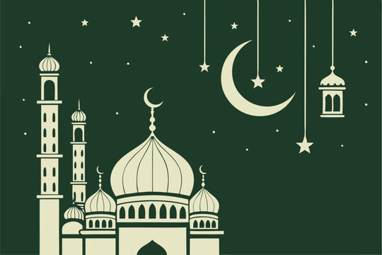 Islamic themed illustration with mosques, moon and stars for business use
