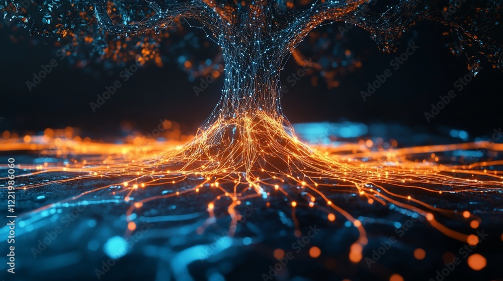 Poster abstract digital tree with glowing roots and branches on a dark background showcasing connectivity a