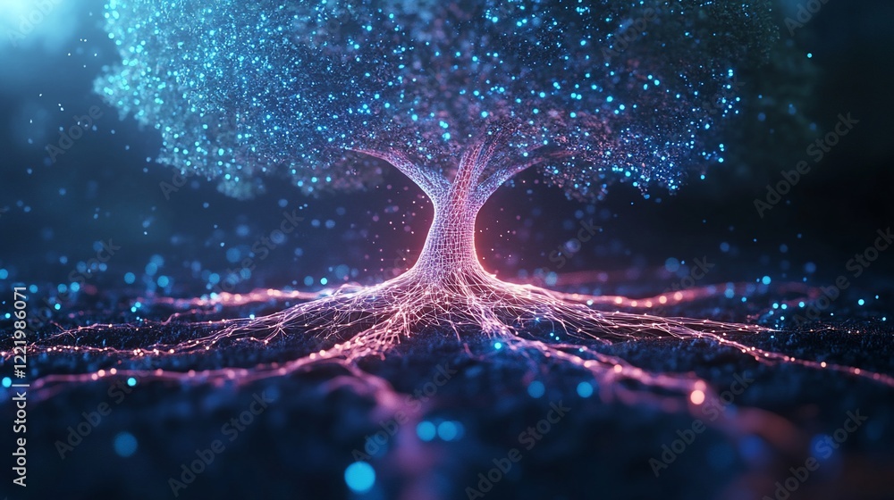 Poster abstract glowing digital tree with network roots in dark cosmic scenery design