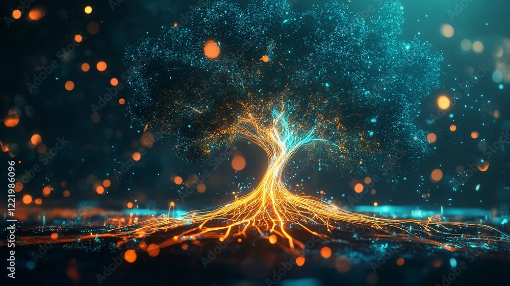 Poster digital tree with glowing orbs and roots emanating light in a dark environment