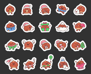 Adorable chestnut and christmas cartoon characters set featuring kawaii cute emotions and accessories for winter holidays, snowmen, gifts, decorations, and cheerful holiday spirit
