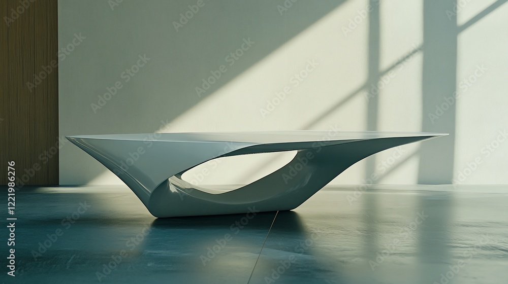 Poster modern minimalist grey table with curved design in a brightly lit minimalist setting