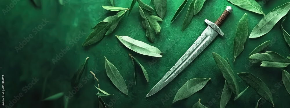 Poster broken swords glowing as they transform into olive branch patterns