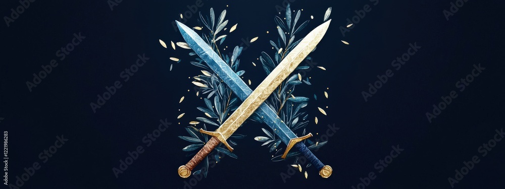 Poster broken swords glowing as they transform into olive branch patterns