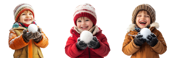 Set of happy child wearing winter clothes, holding a snowball, isolated on a white or transparent background.