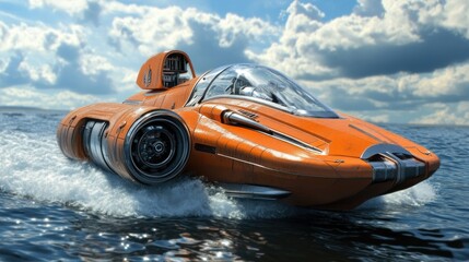 Futuristic Orange Speedboat Gliding Across Ocean Waters Under a Cloudy Sky