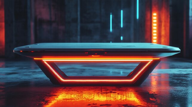 Futuristic table with glowing orange under lights and blue lights in background on wet floor