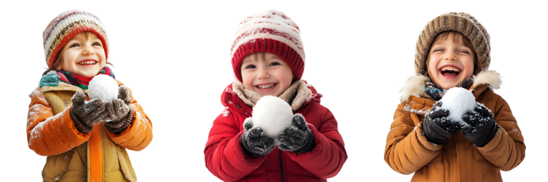 Set of happy child wearing winter clothes, holding a snowball, isolated on a white or transparent background. - Powered by Adobe