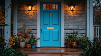 Serene Autumn Evening at Home: A Blue Door Welcomes the Night