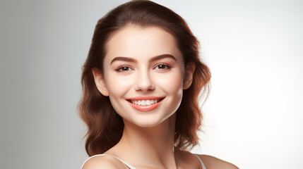 Smiling young woman with radiant skin and beautiful teeth against a soft gradient background. Ideal for skincare, spa, dental, and wellness advertising.

