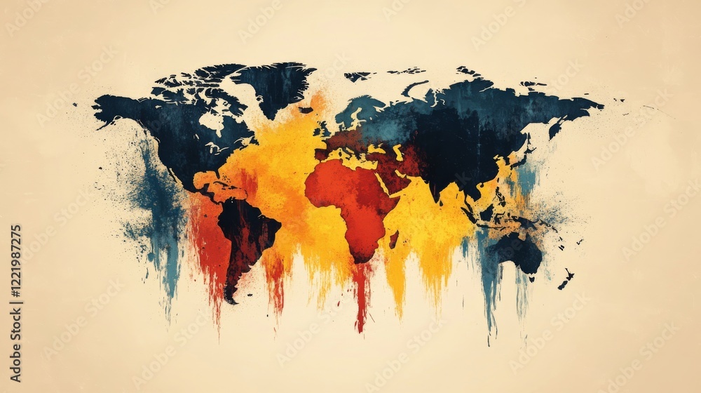 Poster abstract world map with vibrant paint splatter effect creating a dynamic and artistic representation