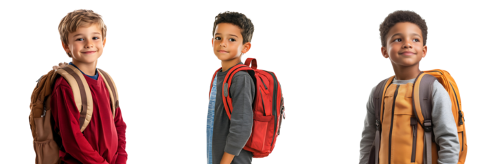 Set of school-aged boy wearing a backpack, standing confidently on a white or transparent background.