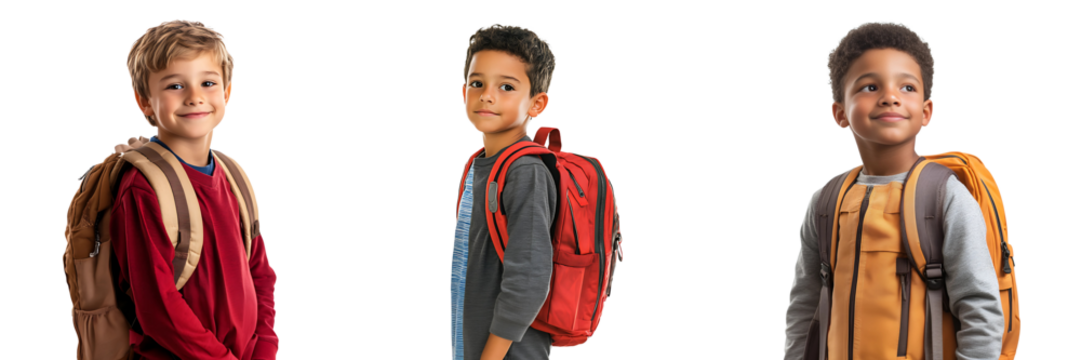 Set of school-aged boy wearing a backpack, standing confidently on a white or transparent background. - Powered by Adobe