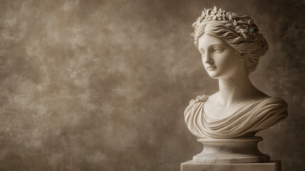 A minimalist marble bust of a noble woman with softly curled hair adorned with a laurel crown, her expression calm and thoughtful