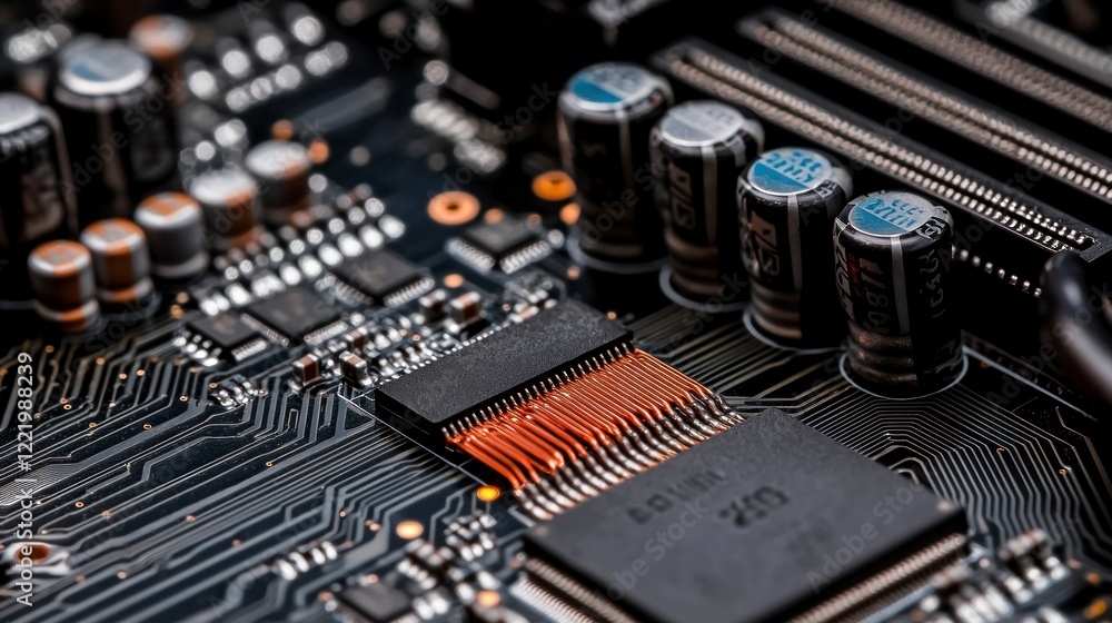 Poster high tech circuit board close up of processors chips and data transfer