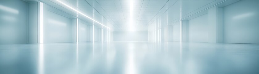 Fototapeta premium Infinite corridor, a long white hallway with light walls and reflective floor creating an illusion of depth