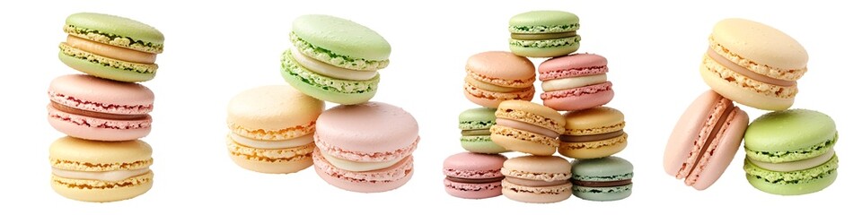 Fototapeta premium Gourmet Food isolated collection. Colorful macarons stacked together, showcasing a variety of flavors and textures in a visually appealing arrangement.
