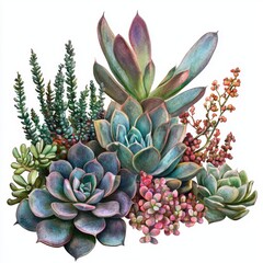 Fototapeta premium Vibrant Arrangement of Various Succulent Plants with Unique Textures and Colors on White Background