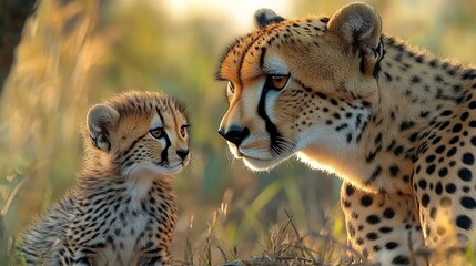  A mother cheetah looking down at her cub, photorealistic, natural lighting
