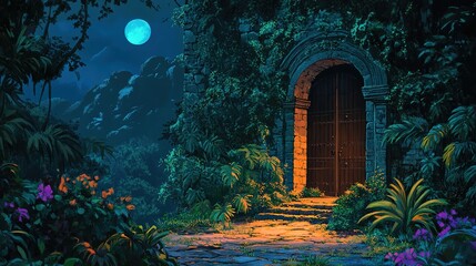 A mysterious jungle at night, illuminated by moonlight, with an entrance leading to the depths of darkness. 