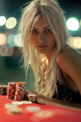 Female poker player sitting at table