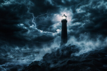 Lighthouse in stormy weather at night