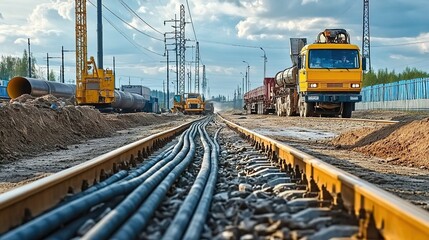 Fototapeta premium A photo of the construction site with an electric cable plant, which is laying industrial cables along train tracks.
