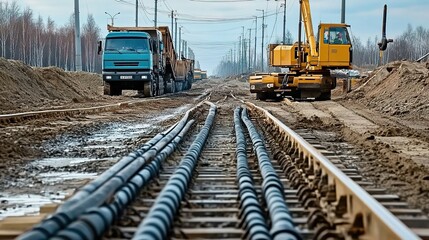 Obraz premium A photo of the construction site with an electric cable plant, which is laying industrial cables along train tracks.