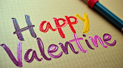 Fototapeta premium Happy valentine text, rough paint writing on cardboard, isolated 