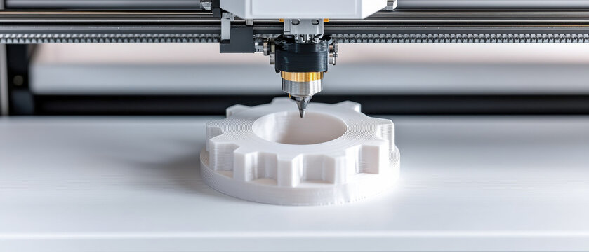 3D Printing Filament Plastic concept. A 3D printer is creating a white gear-shaped object on a smooth surface, showcasing advanced manufacturing technology.
