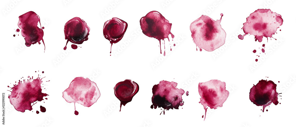 Poster A collection of twelve watercolor red wine splashes and stains on a black background, showing various shapes and sizes.