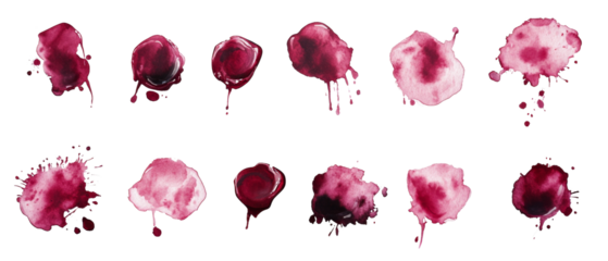 A collection of twelve watercolor red wine splashes and stains on a black background, showing various shapes and sizes.