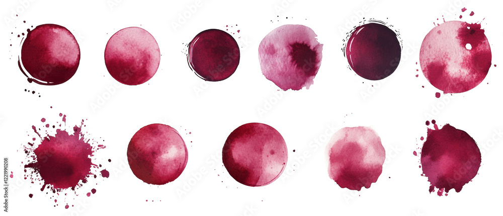 Poster a collection of twelve watercolor red wine stains in various shapes and sizes, perfect for design el