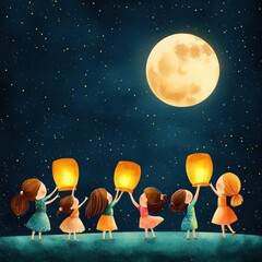 Naklejka premium Children holding glowing lanterns under a tranquil night of harmony