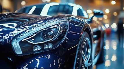 Close-up of a car in an exhibition hall, with a shiny paint finish on the car. 