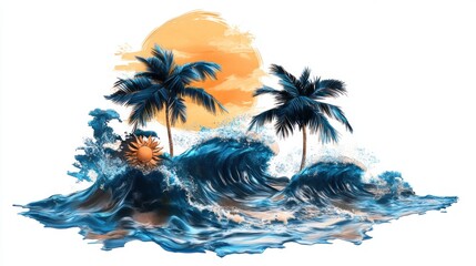 Tropical Paradise Waves Crashing Sun Palm Trees