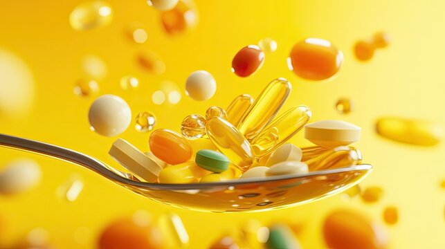 Colorful assortment of dietary supplements and vitamins captured in a dynamic motion on a bright yellow background, showcasing health and wellness concepts vividly in a creative composition