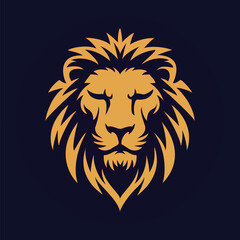Obraz premium Majestic Golden Lion Head Logo on Dark Blue Background 