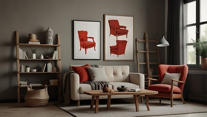 A large blue couch sits in front of a white wall with a large picture frame. The couch is surrounded by potted plants, including a tall one in the corner. The room has a modern and minimalist feel