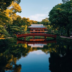 Tranquil Meiji Jingu Shrine Park: Japanese Architecture & Red Bridge Amidst Lush Greenery & Blue Skies